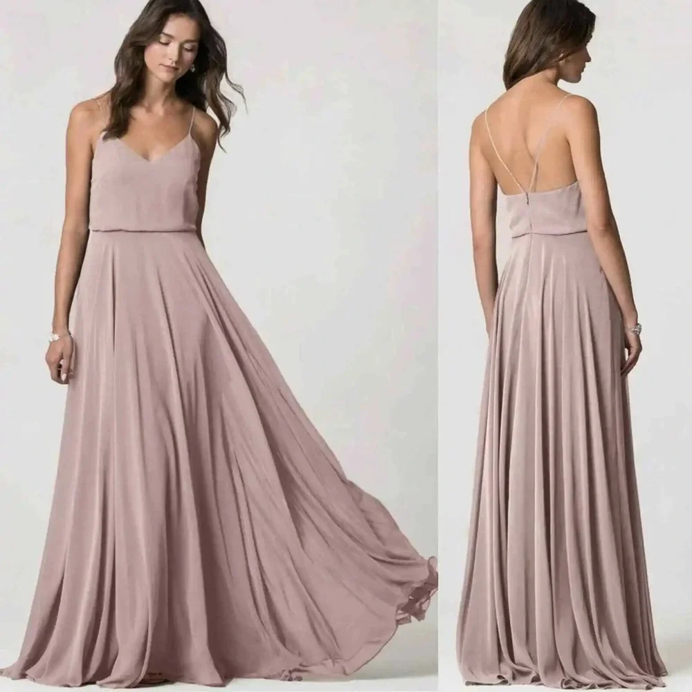JENNY YOO BHLDN Inesse Luxe Chiffon Maxi Dress Sz 2 Dusty Taupe Pink Bridesmaid